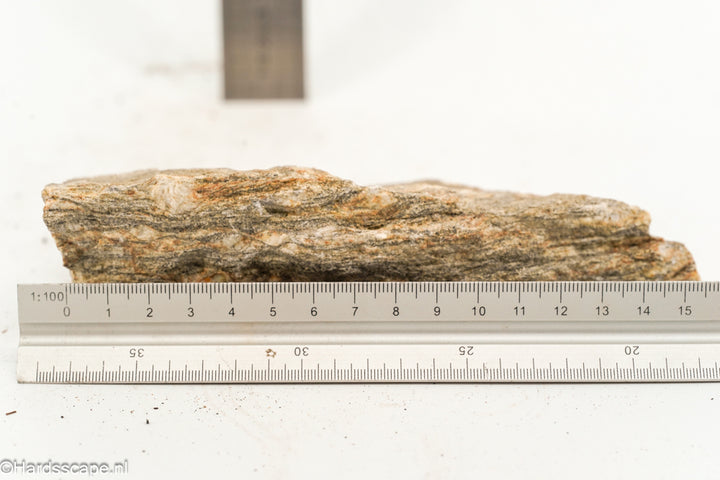 Glimmer Wood M2 medium hardscape steen van Hardscape.nl, getextureerd houtachtige afwerking op rotsachtige steen, close-up.
